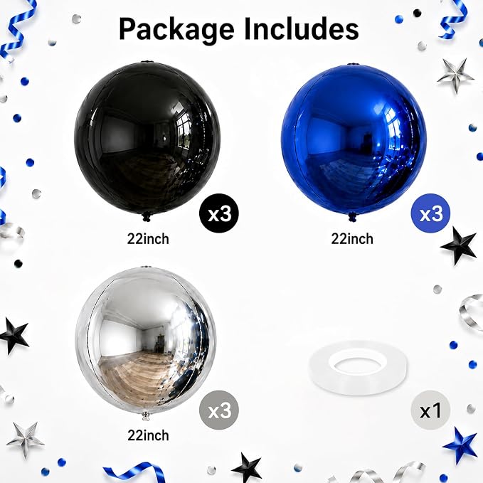 9 Pcs Black Blue Silver Round Foil Balloons Black Royal Navy Blue Metallic - Image 2