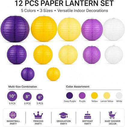 Purple Yellow Round Paper Lanterns Set of 12, 6/8/10 Inch Multi Colored Hanging - Image 4