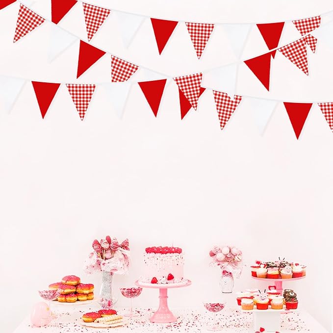 32Ft Red Party Decorations Red Plaid Checkered White Triangle Flag Gingham - Image 3