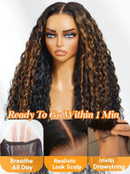 Julia Hair Ombre Brown Water Wave Glueless Wig Human Hair 7x5 HD Lace Closure with Invisible Drawstring Pre Plucked Bleached Highlight Balayage Colored Curly Wigs Put On And Go 16 Inch