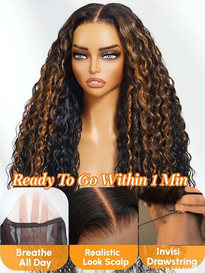 Julia Hair Ombre Brown Water Wave Glueless Wig Human Hair 7x5 HD Lace Closure with Invisible Drawstring Pre Plucked Bleached Highlight Balayage Colored Curly Wigs Put On And Go 22 Inch