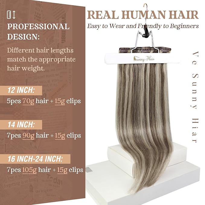 Ve Sunny Clip in Hair Extensions Real Human Hair Double Weft Remy Hair Clip in Extensions Human Hair for Women Full Head Light Brown Highlight Platinum Blonde 7pcs 120g 22 inch