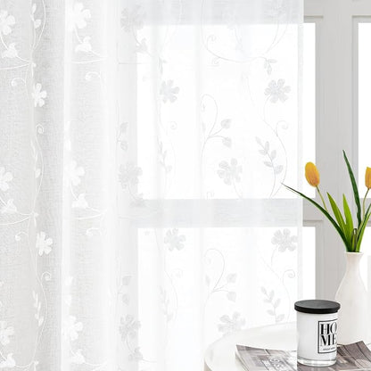 HOMEIDEAS White Sheer Curtains 84 Inches Long 2 Panels White Embroidered Floral by HOMEIDEAS