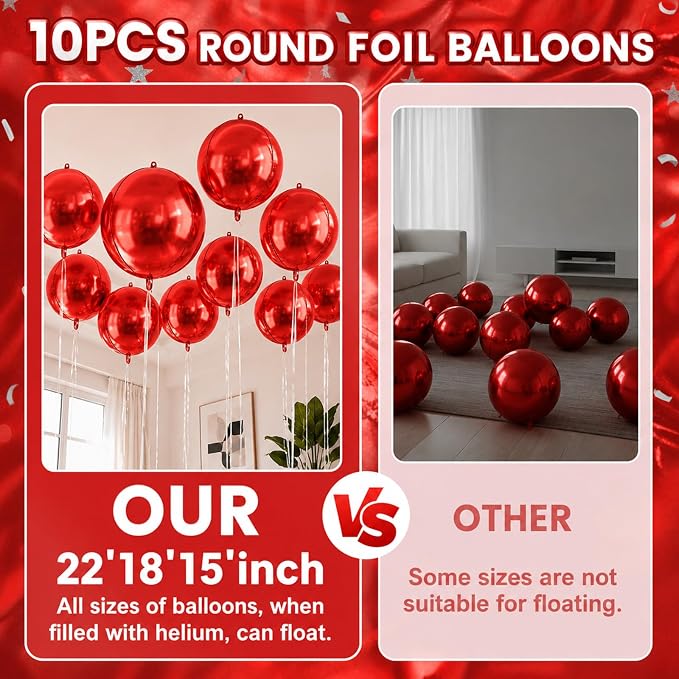 10Pcs Red Round Foil Balloons, Metallic Red Foil Baloon - Image 3