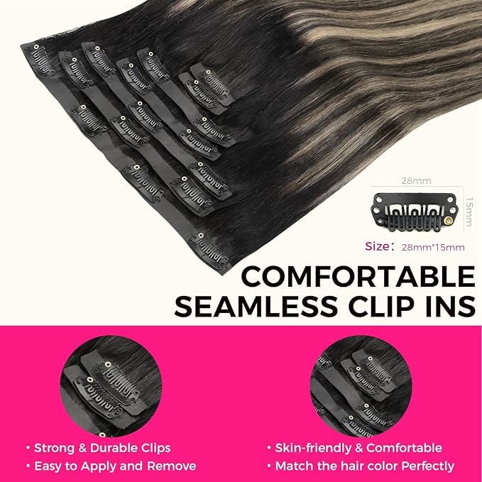 Lashey Seamless Clip in Hair Extensions Human Hair, 110g 7pcs Straight Balayage Natural Black to Light Blonde Highlighted Clip in Hair Extensions for Black Women 14 Inch