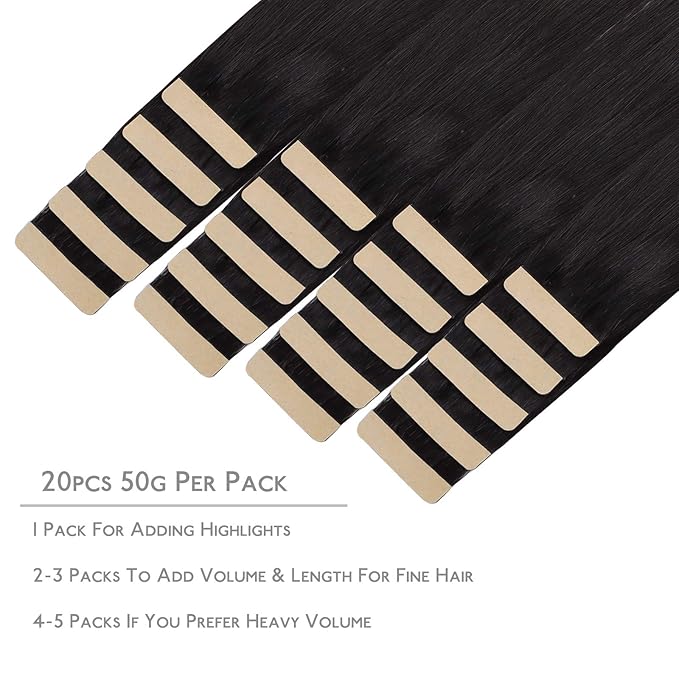 WENNALIFE Tape in Hair Extensions Human Hair, 20pcs 50g 14 inch Natural Black Remy Hair Extensions Straight Human Hair Tape in Extensions Skin Weft Tape Extensions Human Hair