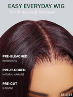 KLAIYI Black Cherry Bob Loose Body Wave Precut 7x5 HD Lace Front Wigs Human Hair Glueless Bye Bye Knots Drawstring Red Burgundy Wig with Curtian Bang Pre Plucked Bleached Ready to Put On And Go 12Inch