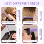 Hair Comb 3-in-1 Plastic Hair Comb Set For Women, Men - Wide Tooth, Rat Tail, and Regular Tooth Detangling Hair Combs for All Hair Types-Purple