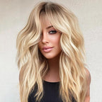 Ombre Blonde Wig with Bangs,Blonde Highlight Wavy Wigs for Women,Shoulder Length Curly Synthetic Hair Wig for Party Daily Use 18IN…