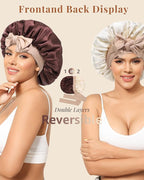 AWAYTR Silk Bonnet for Sleeping Women 100% Mulberry Silk Bonnet with Band 2 Layer Reversible Hair Bonnet Sleeping Hair Wrap (Dark Brown/Light Champagne)