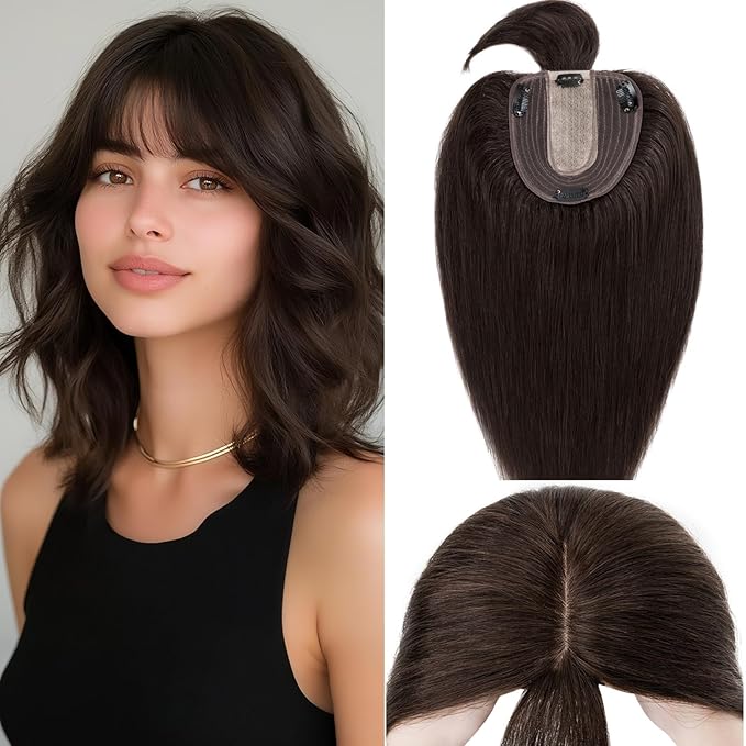 Rich Choices Real Human Hair Toppers for Women With Bang 100% Remy Human Hair Topper for Thinning Hair Clip in Silk Base Hair Topper 10 Inch #2 Dark Brown