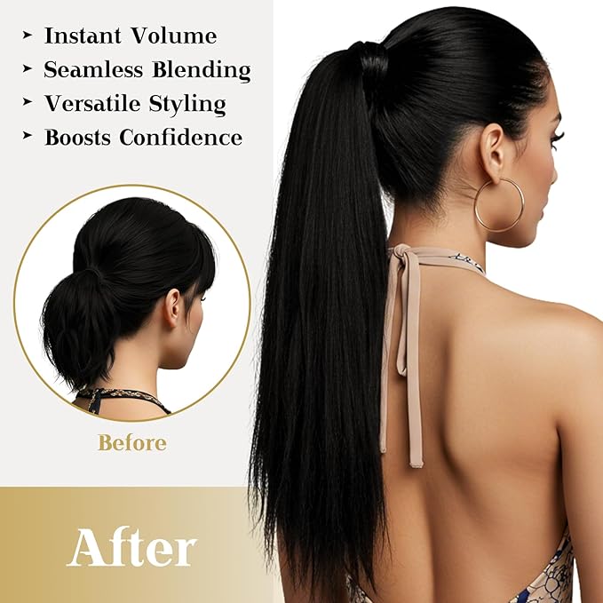 Ve Sunny Hair Extensions Ponytail Real Human Hair Wrap Around Clip in Ponytail Hair Extensions Straight Extensions Human Hair for Women Jet Black 20inch 80G