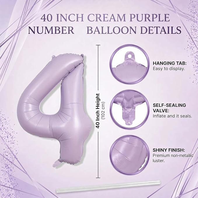 Cream Purple Number 14 Balloon 40 Inch, Foil Numeral Party Decor | Matte Pastel - Image 4