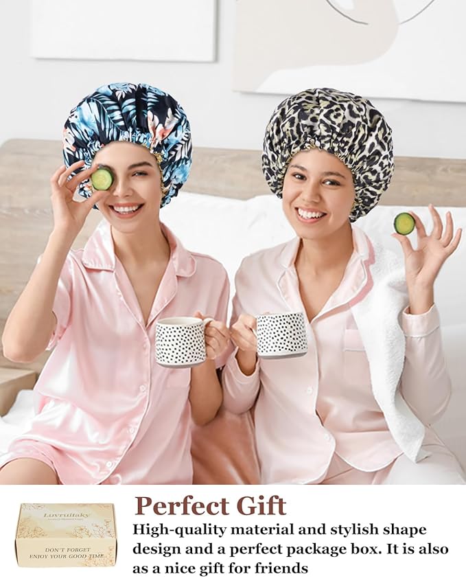Large Shower Caps for Women Reusable Waterproof Satin Lined Shower Cap with Adjustable Band Double Layer Design Luxury Washable Bath Hair Bonnet (Black Palm)