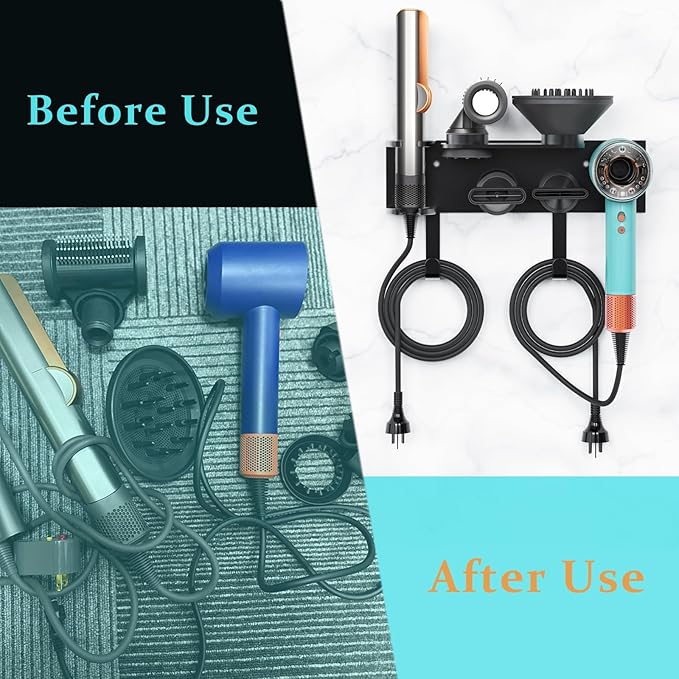 Affogato Hair Dryer Holder Wall Mount Compatible with Dyson Supersonic HD16 Airwrap Straightener, 2 in 1 Airstrait Organizer Stand, Metal Blow Dryer Attachments Storage Rack for Bathroom and Salon