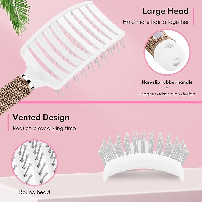 Hair Brush Set, Curved Vented Detangling Hair Brushes for Women Men Kids, Professional Vent Styling Brush for Wet Dry Curly Thick Straight Hair Fast Blow Drying Brush (Black+ White)