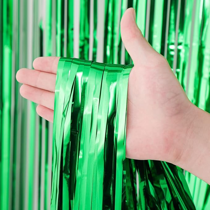 Voircoloria Green Foil Fringe Backdrop Curtains, 3 Pack | Tinsel Streamers - Image 2