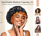 mikimini Black Shower Cap, Double Layers Waterproof Bathing Hair Cap with Reusable Soft Comfortable PEVA Lining, Cute, Non-fading & Stretchy Shower Hat Medium (Pack of 1) Black + Orange