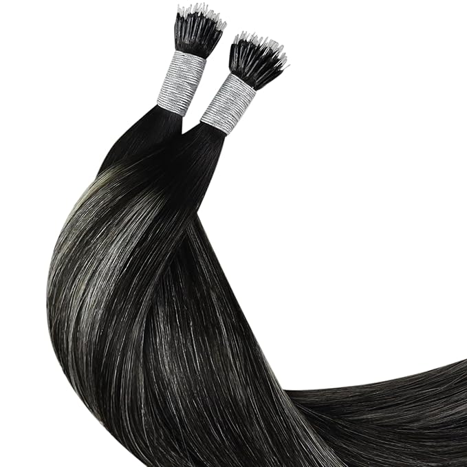 YoungSee Nano Ring Hair Extensions Black Ombre Nano Hair Extensions Human Hair Ombre Black to Silver Nanobead Extension Silver Nano-Loop Remy Hair 1g/s 50g 24in for Everyday Wear