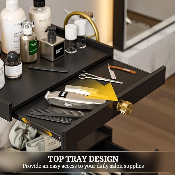 Barber Salon Trolley Cart w/Lockable Wheels, 3-Tier Rolling Beauty Cart with 2 Drawers & Dryer Holder, Mobile Beauty Trolley for Beauty Spa Barbershop(Black)