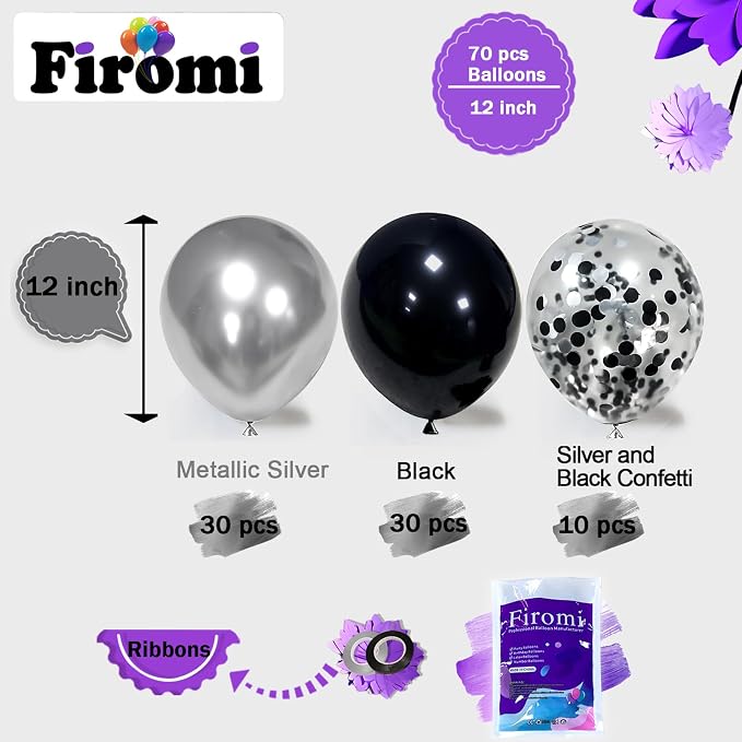 Firomi Metallic Chrome Silver Black Balloons 12 inch 70 Pack | Latex Black and - Image 2