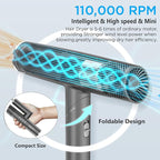 Hair Dryer, High-Speed Brushless Motor Ionic, Foldable and Portable 9Modes One Touch Switch with 1Diffuser, 1Nozzle and 1Concentrator Attachment for Home, Travel, Grey