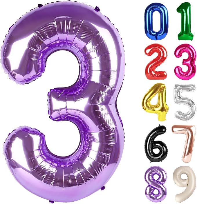 3 Balloon - Purple Birthday Number Balloons, 40 Inch Decorations Men Women | by ALPHADELTAPI