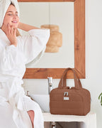 TOPDesign Travel Toiletry Bag for Women, Puffer Large Toiletry Bag, Lightweight Cosmetic Makeup Organizer with Handle for Traveling, Accessories, Essentials, Toiletries (Brown)