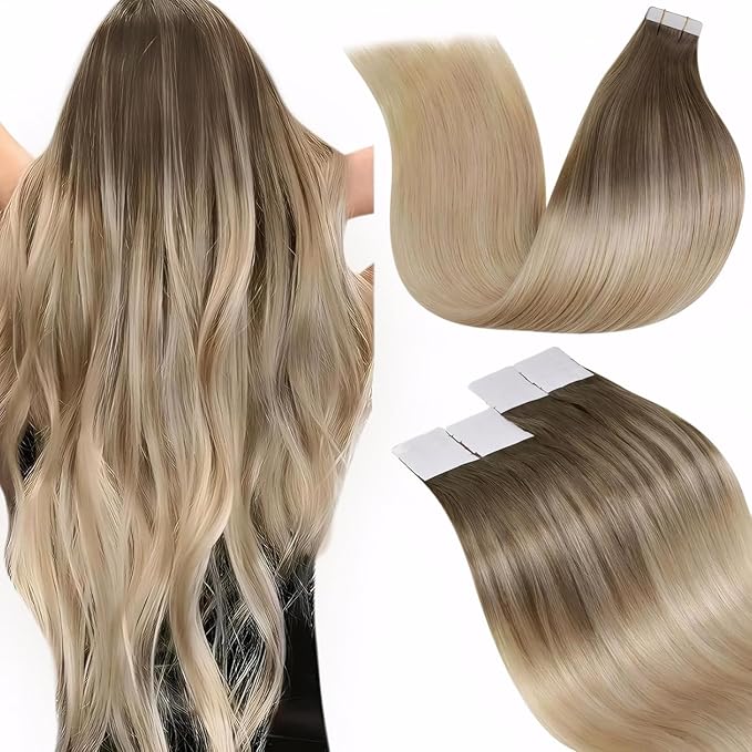 LaaVoo Tape in Hair Extensions Human Hair Brown to Ash Blonde Tape in Human Hair Extensions Seamless Tape on Hair Extension Silky Straight Hair 14inch 20pcs 50g