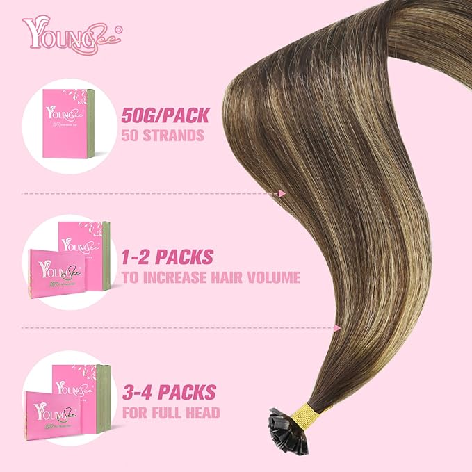 YoungSee K Tip Hair Extensions Real Human Hair Balayage Brown with Blonde 16In K Tip Keratin Hair Extensions Balayage Pre Bonded Hair Extensions Comfortable and Soft Hair Extensions Ktip 50S/50G