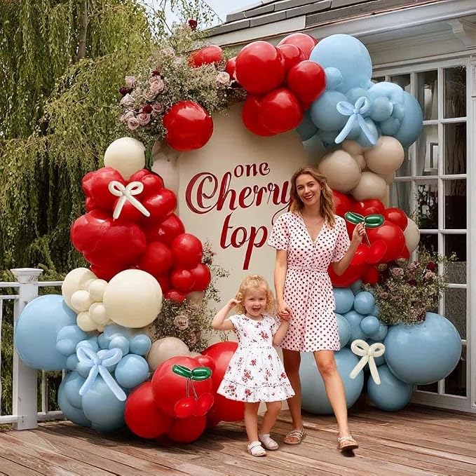 Red Blue Cherry Balloon Arch Kit Double Stuffed, Ruby Red Dusty Light Blue - Image 6