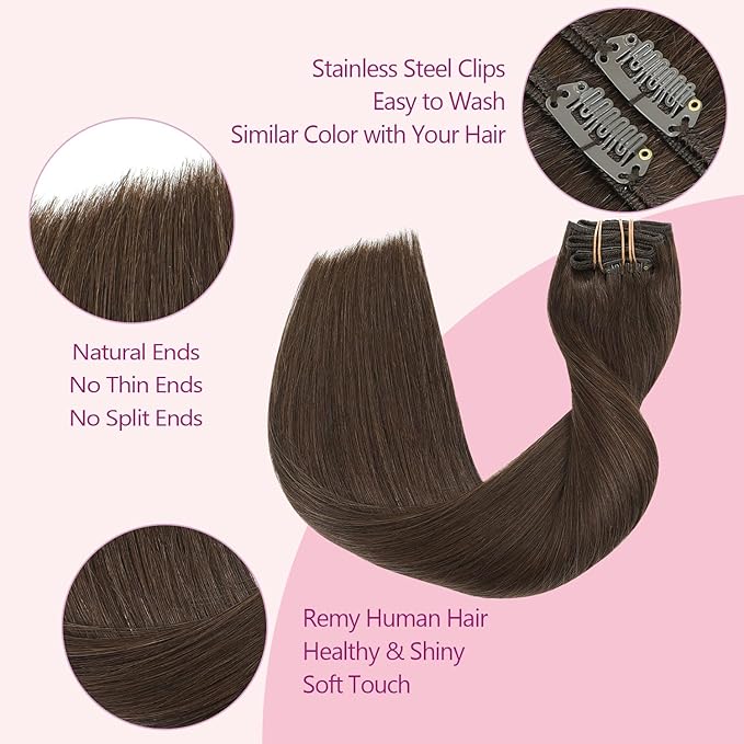 PINKPEARL Human Hair Clip in Hair Extensions 22inch #4 Chocolate Brown Clip in Hair Extensions Real Human Hair 7pcs 120g Natural Human Hair Clip ins for Women(#4-22)