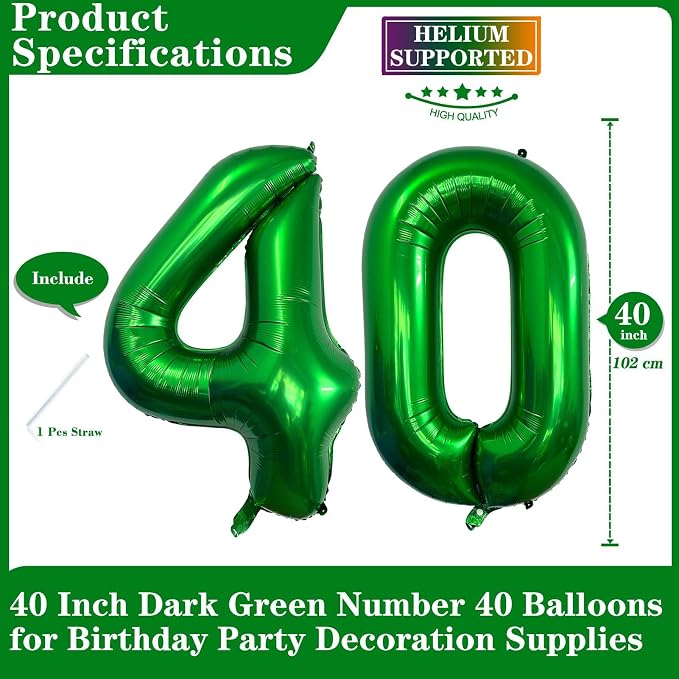 Dark Green 40 Number Balloons, 40 Inch Giant Number 40 Balloons Foil Mylar - Image 2