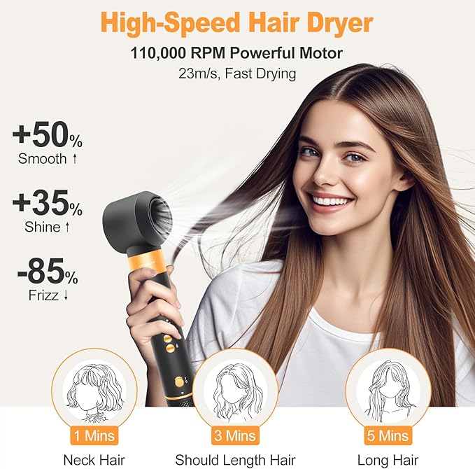 Hair Styler Hair Dryer Brush - 110,000 RPM High-Speed Hot Air Styler,Multi Stylers with Auto-Wrap Curler, Professional Blow Dryer Brush for Fast Curling Volumizing Styling (Black-Orange)