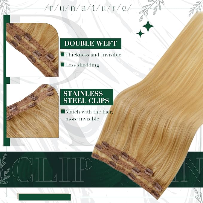 RUNATURE Blonde Clip in Hair Extensions, Real Hair Extensions Clip Ins, Remy Human Hair Clip in Extensions 18 Inch, Full Head Tangle Free Hair, 50g 3pcs #16P24 Golden Blonde Highlights
