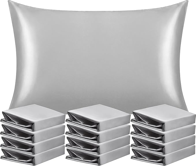 NTBAY 12 Pack Satin Queen Pillowcases for Hair and Skin, Luxurious and Silky Pillow Cases with Envelope Closure, 20 x 30 Inches, Silver Grey
