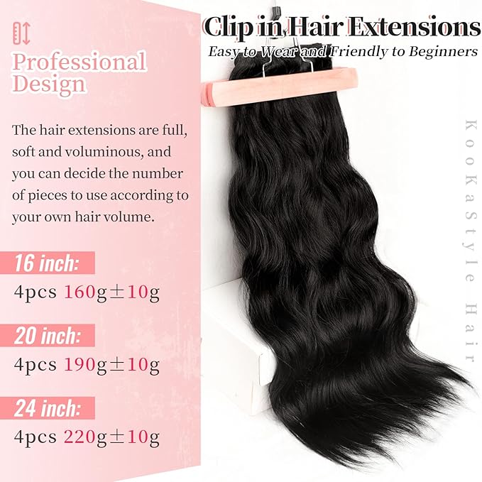 KooKaStyle Clip in Hair Extensions 4PCS Long Wavy Synthetic Dark Black Brown Fiber Double Weft Natural Thick Hairpieces 24Inch for Women