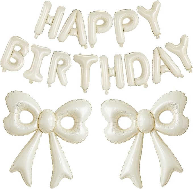Cream Happy Birthday Balloons, 31”Huge Beige Bow Aluminum Foil Balloon Banner by BSRESIN