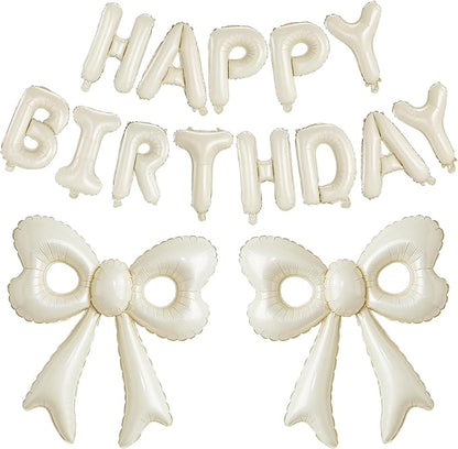 Cream Happy Birthday Balloons, 31”Huge Beige Bow Aluminum Foil Balloon Banner by BSRESIN