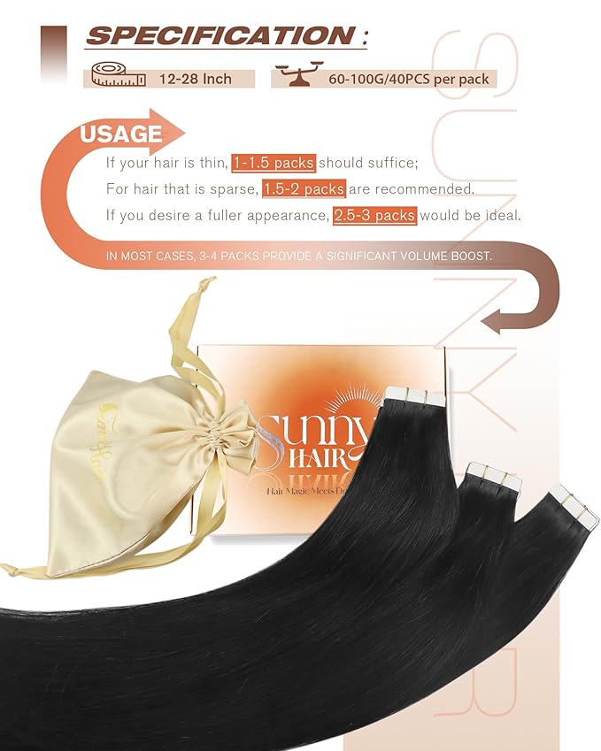 Sunny Hair Tape in Extensions,Remy Hair Extensions Tape in Black Invisible Tape in Hair Extensions Human Hair 100g 24Inch