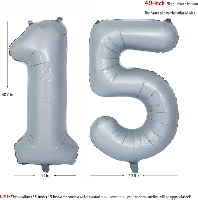 40 In Matte gray Number Balloon Helium Foil Mylar Birthday Balloon Digit 15 | - Image 2