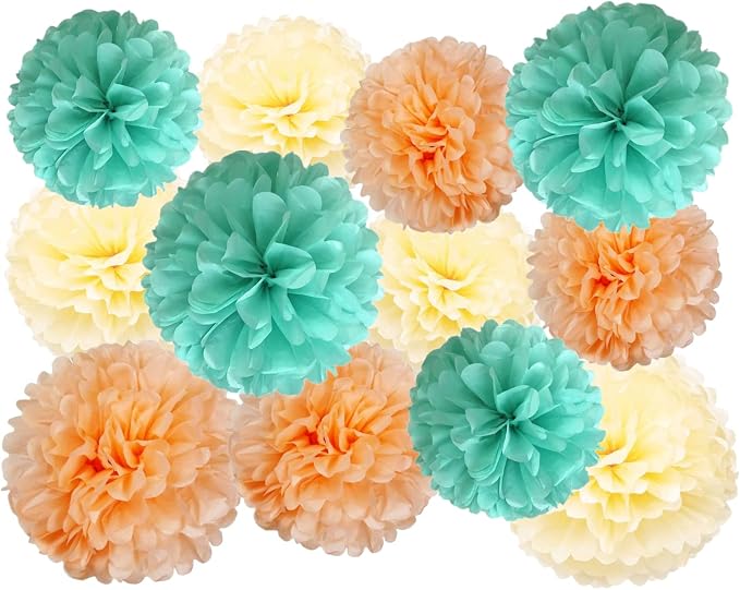 12 Pcs Tissue Paper Pom Poms Mint Peach Beige Mixed Sizes 8" 10" 12" by JaykeJoy