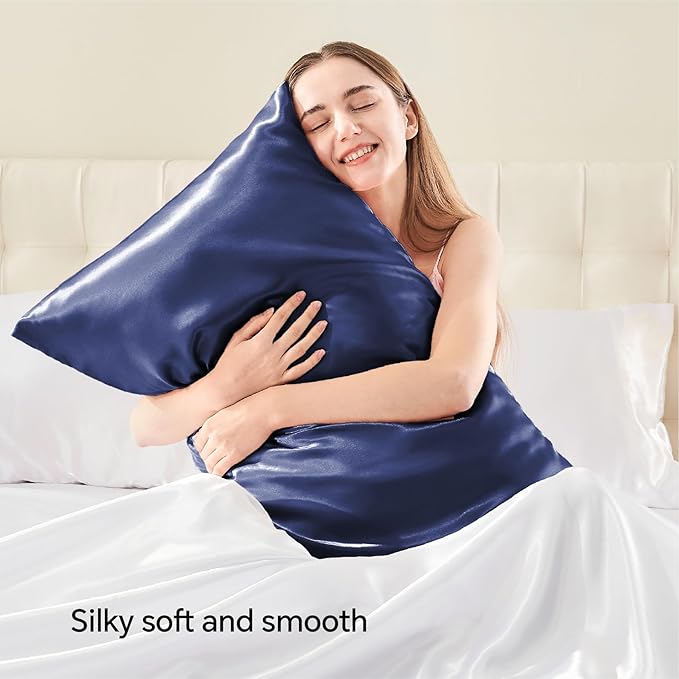BEDELITE Satin Pillowcase with Zipper, Navy King Size Pillow Cases Set of 2, Super Soft and Cooling Similar to Silk Pillow Cases, Gift for Women Men(20x36 Inches)