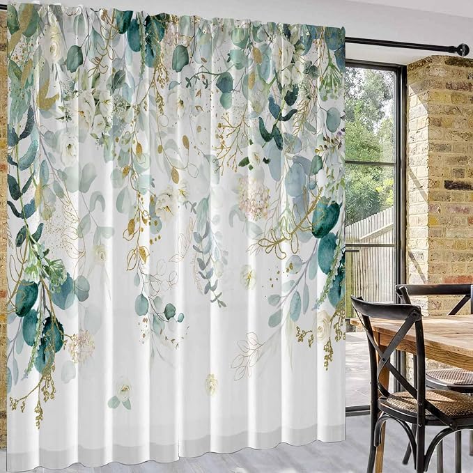 Gold Green Curtains 84 Inches Long Sage Green Leaves Light Filtering Curtain - Image 7