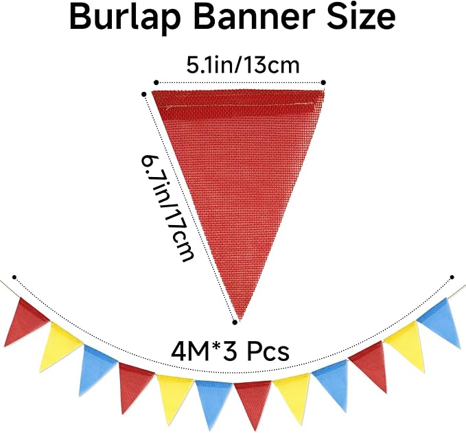 G2PLUS Pre-Strung Burlap Pennant Banners, 39Ft Red Yellow Blue Triangle Flag - Image 2