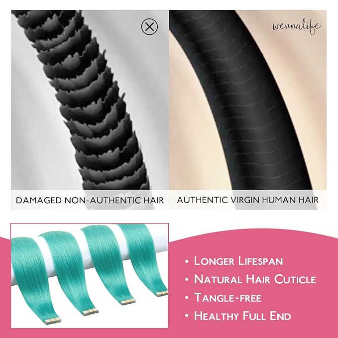WENNALIFE Tape in Hair Extensions Human Hair Teal Green Tape in Extensions, 10pcs 25g 18 inch Remy Invisible Tape Ins Straight Colored Soft Real Human Hair Tape in Extensions Refill Set Extensions