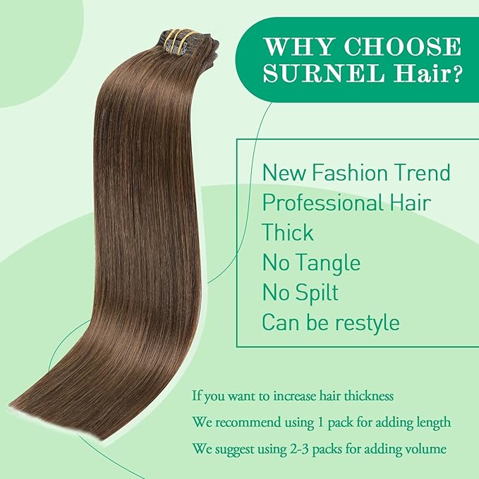 Clip in Hair Extensions Real Human Hair, SURNEL Chocolate Brown Real Human Hair Extensions Clip in Straight Remy Hair Extensions 140g 7pcs 14 Inch Hair(#4-14'')