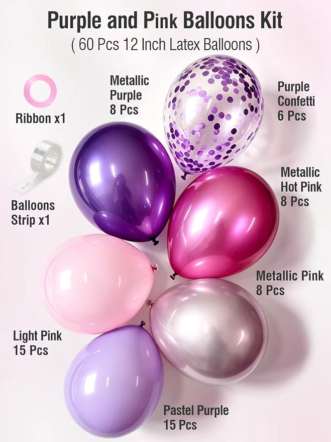 Pink and Purple Balloons 12 Inch 60 Pcs Metallic Purple Pink Hot Pink Latex - Image 3