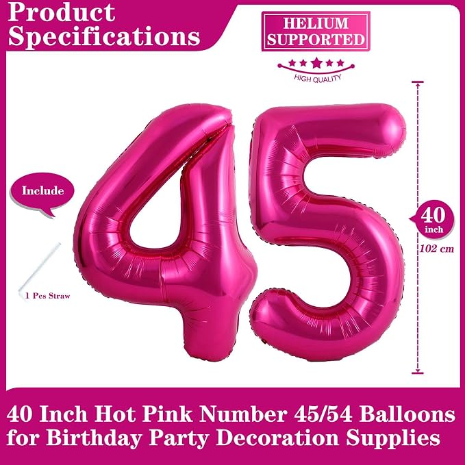 Hot Pink 45 Number Balloons, 40 Inch Giant Number 45 Balloons Foil Mylar Helium - Image 2