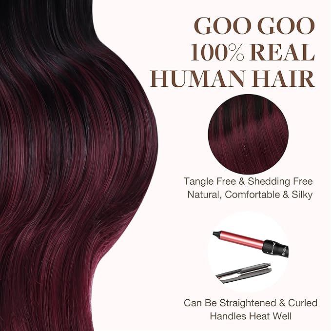 GOO GOO Tape in Hair Extensions Human Hair, 1/99 Balayage Jet Black to Red, 24inch 100g 40pcs, Skin Weft Seamless Invisible, Silky Straight with Thick Ends, Remy Human Hair